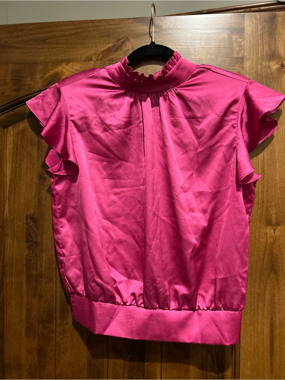 Ruffled Mock Neck Satin Blouse - Hot Pink